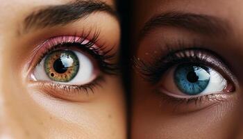 mooi jong vrouw met blauw ogen staren Bij camera glamoureus gegenereerd door ai foto