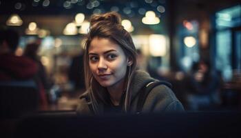 volwassenen zittend binnenshuis, lachend, op zoek Bij laptops, genieten van stad leven gegenereerd door ai foto