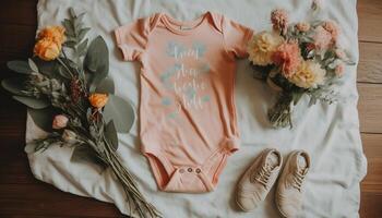 schattig baby schoenen Aan modern hout bed, bloemen textiel decoratie gegenereerd door ai foto