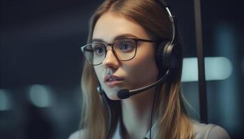 jong zakenvrouw gebruik makend van koptelefoon voor het ondersteuning in telefoontje centrum gegenereerd door ai foto