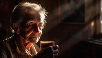 glimlachen senior Mens Holding koffie beker, genieten van pensioen Bij huis gegenereerd door ai foto