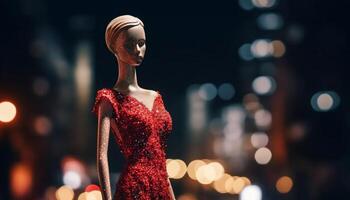gloeiend mode model- staat buitenshuis in glimmend jurk Bij nacht gegenereerd door ai foto