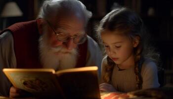 multi generatie familie bonding over- literatuur, aan het leren, en religie binnenshuis gegenereerd door ai foto