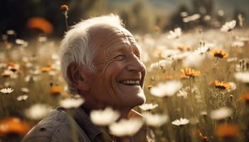 glimlachen senior Mens geniet natuur bloem, pret en ontspanning gegenereerd door ai foto