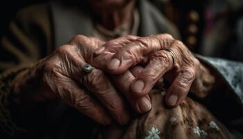 senior paar Holding handen, bruiloft ringen symboliseren levenslang liefde en inzet gegenereerd door ai foto