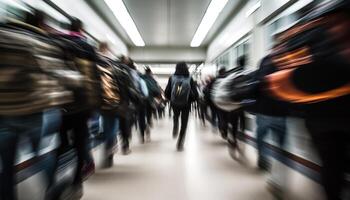 wazig beweging van pendelaars haasten door modern metro station gegenereerd door ai foto
