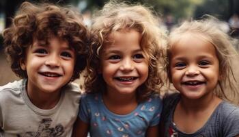 glimlachen kinderen spelen buitenshuis, genieten van zomer met zorgeloos saamhorigheid gegenereerd door ai foto