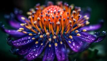 levendig gerbera madeliefje in zacht focus, dauw druppels glinsterend gegenereerd door ai foto