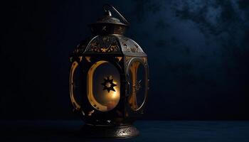 antiek lantaarn, verlichte door kaars vlam, gloeit in duisternis buitenshuis gegenereerd door ai foto