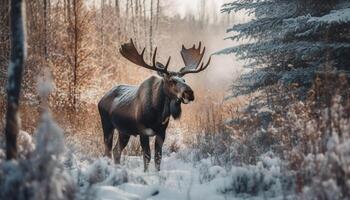 gehoornd hert schaafwonden in rustig winter wildernis, alberta berg landschap gegenereerd door ai foto