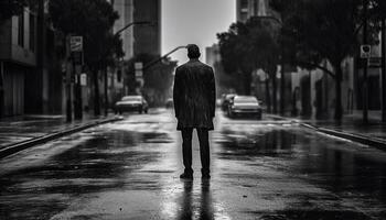 eenzaam zakenman staand in regen Aan oud stad straat gegenereerd door ai foto