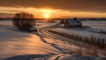 rustig winter landschap, sneeuw gedekt boerderij, verlicht door zonsondergang lucht gegenereerd door ai foto