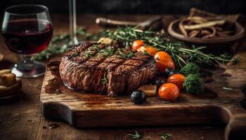 gegrild entrecote steak met vers tomaat en rustiek groenten gegenereerd door ai foto