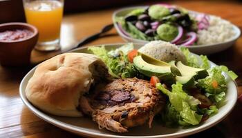 gegrild vlees en groenten Aan bord, klaar naar eten versheid gegenereerd door ai foto