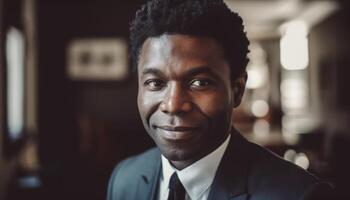 zelfverzekerd Afrikaanse Amerikaans zakenman glimlachen in modern kantoor, geslaagd ondernemer gegenereerd door ai foto