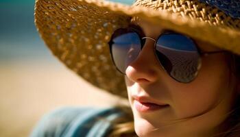 een jong vrouw, in zonnebril, glimlachen Aan een zomer vakantie gegenereerd door ai foto