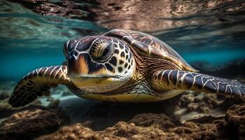 groot zee schildpad zwemmen in rustig onderwater- rif milieu gegenereerd door ai foto