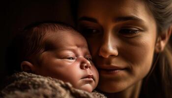 dichtbij omhoog portret van aanhankelijk moeder omarmen pasgeboren baby dochter gegenereerd door ai foto