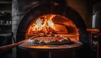 fijnproever pizza gebakken in rustiek hout brandend fornuis, gloeiend met versheid gegenereerd door ai foto