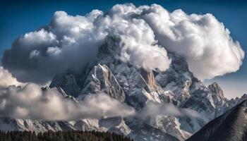 majestueus berg top stijgt hoog bovenstaand dramatisch landschap en lucht gegenereerd door ai foto