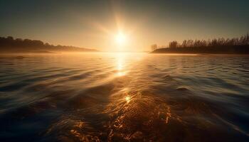 gouden zonsondergang over- rustig wateren, natuur schoonheid in niet stedelijk tafereel gegenereerd door ai foto