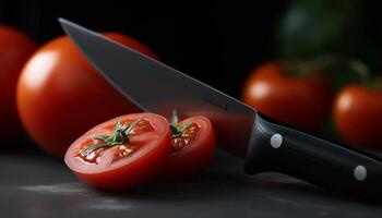 vers rijp tomaat plak Aan houten snijdend bord voor gezond salade gegenereerd door ai foto