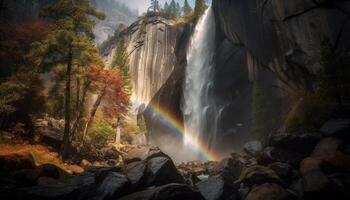 rustig tafereel van majestueus berg reeks met vloeiende water verstuiven gegenereerd door ai foto