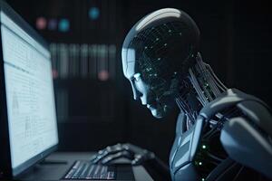 3d renderen mannetje cyborg werken met een computer Aan een donker achtergrond, een futuristische ai robot programmering Aan een persoonlijk computer, ai gegenereerd foto