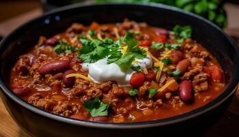 biologisch rundvlees stoofpot met hartig saus, vers groenten en kruiden gegenereerd door ai foto