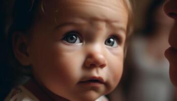 schattig baby jongen op zoek omhoog met onschuld en vreugde gegenereerd door ai foto