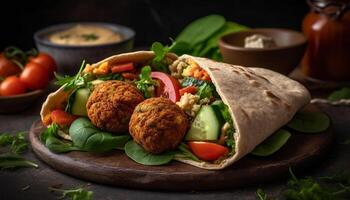 gegrild rundvlees taco Aan eigengemaakt flatbread met vers guacamole en koriander gegenereerd door ai foto