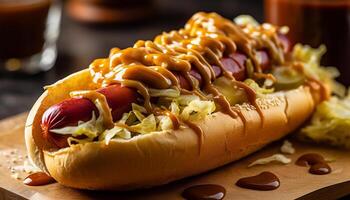 gegrild heet hond Aan bun met ketchup, een klassiek tussendoortje gegenereerd door ai foto