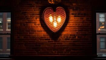 gloeiend hart verlicht donker steen muur in romantisch backdrop gegenereerd door ai foto