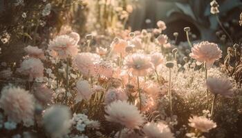 levendig wilde bloemen bloeien in rustig landelijk weide Bij zonsondergang gegenereerd door ai foto