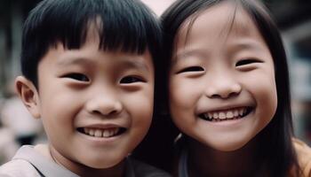 kinderjaren liefde spelen, broers en zussen lachend saamhorigheid brengt genot gegenereerd door ai foto