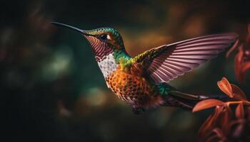 levendig kolibrie verspreidt Vleugels in midden lucht, bestuiven Purper bloemen gegenereerd door ai foto