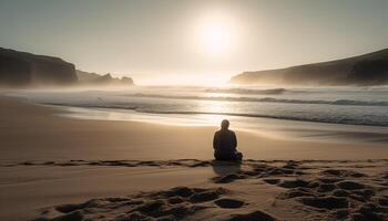 jong volwassen mediteren Aan steen, genieten van sereen kust- eenzaamheid gegenereerd door ai foto