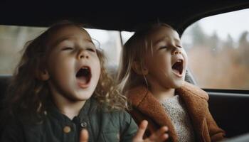 broer en zus lachend, genieten van weg reis in schattig auto gegenereerd door ai foto