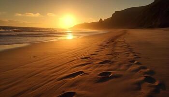 gouden zon sets over- rustig tropisch kustlijn, een romantisch avontuur gegenereerd door ai foto