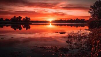 rustig zonsopkomst over- levendig Woud, reflecterend schoonheid in natuur kleuren gegenereerd door ai foto