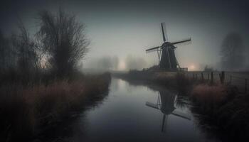 windmolen silhouet weerspiegelt rustig schoonheid van landelijk Nederlands landschap Bij schemer gegenereerd door ai foto