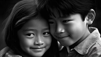 glimlachen zwart en wit portret van twee schattig kinderjaren broers en zussen gegenereerd door ai foto