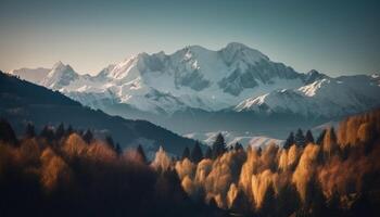 rustig tafereel van majestueus berg reeks in panoramisch schoonheid gegenereerd door ai foto