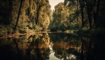 levendig zonsopkomst verlicht rustig wildernis, reflecterend natuurlijk schoonheid in natuur gegenereerd door ai foto