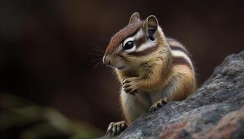 pluizig chipmunk aan het eten gras, op zoek Bij camera, gestreept vacht gegenereerd door ai foto