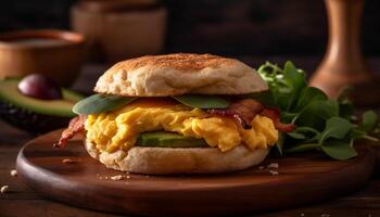 gegrild eigengemaakt hamburger Aan ciabatta, bekroond met guacamole en tomaat gegenereerd door ai foto