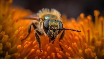 bezig honing bij bestuift geel bloem in mooi natuur gegenereerd door ai foto