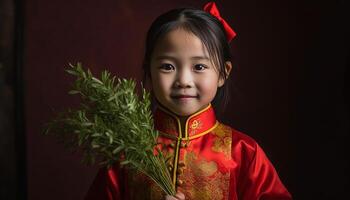 glimlachen Chinese meisje in traditioneel jurk Holding nieuw jaar geschenk gegenereerd door ai foto