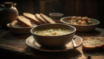 rustiek eigengemaakt brood en groente soep Aan houten tafel gegenereerd door ai foto