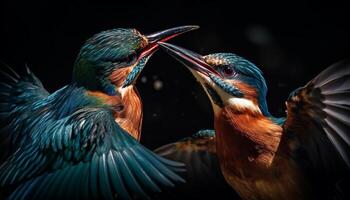 twee multi gekleurde vogelstand voeden Aan vis in tropisch water gegenereerd door ai foto